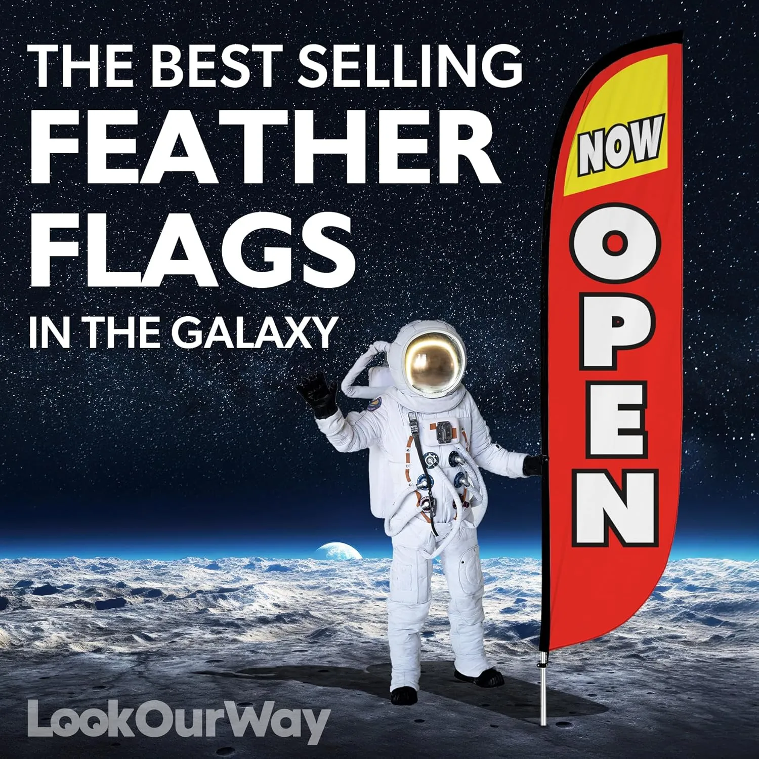 LookOurWay Feather Flag Pole Kit - 12 Feet Tall Advertising Flag Banner with Fiberglass Pole Kit and Ground Spike for Business Promotion - Grand Opening Flags - Now Open Red & Yellow (10M1200030)