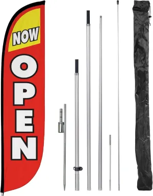 LookOurWay Feather Flag Pole Kit - 12 Feet Tall Advertising Flag Banner with Fiberglass Pole Kit and Ground Spike for Business Promotion - Grand Opening Flags - Now Open Red & Yellow (10M1200030)