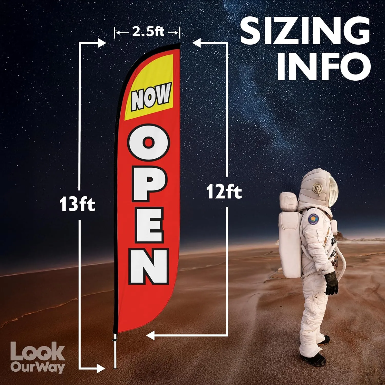 LookOurWay Feather Flag Pole Kit - 12 Feet Tall Advertising Flag Banner with Fiberglass Pole Kit and Ground Spike for Business Promotion - Grand Opening Flags - Now Open Red & Yellow (10M1200030)