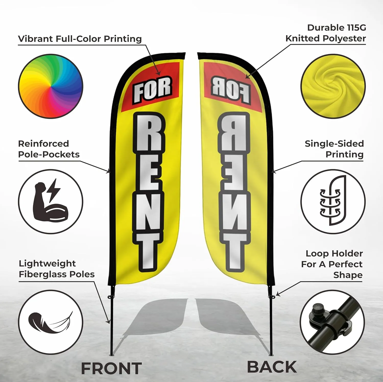 LookOurWay Feather Flag Pole Kit - 7 Feet Tall Advertising Banner with Fiberglass Pole Set and Ground Spike for Business Promotion - Real Estate Flags - For Rent