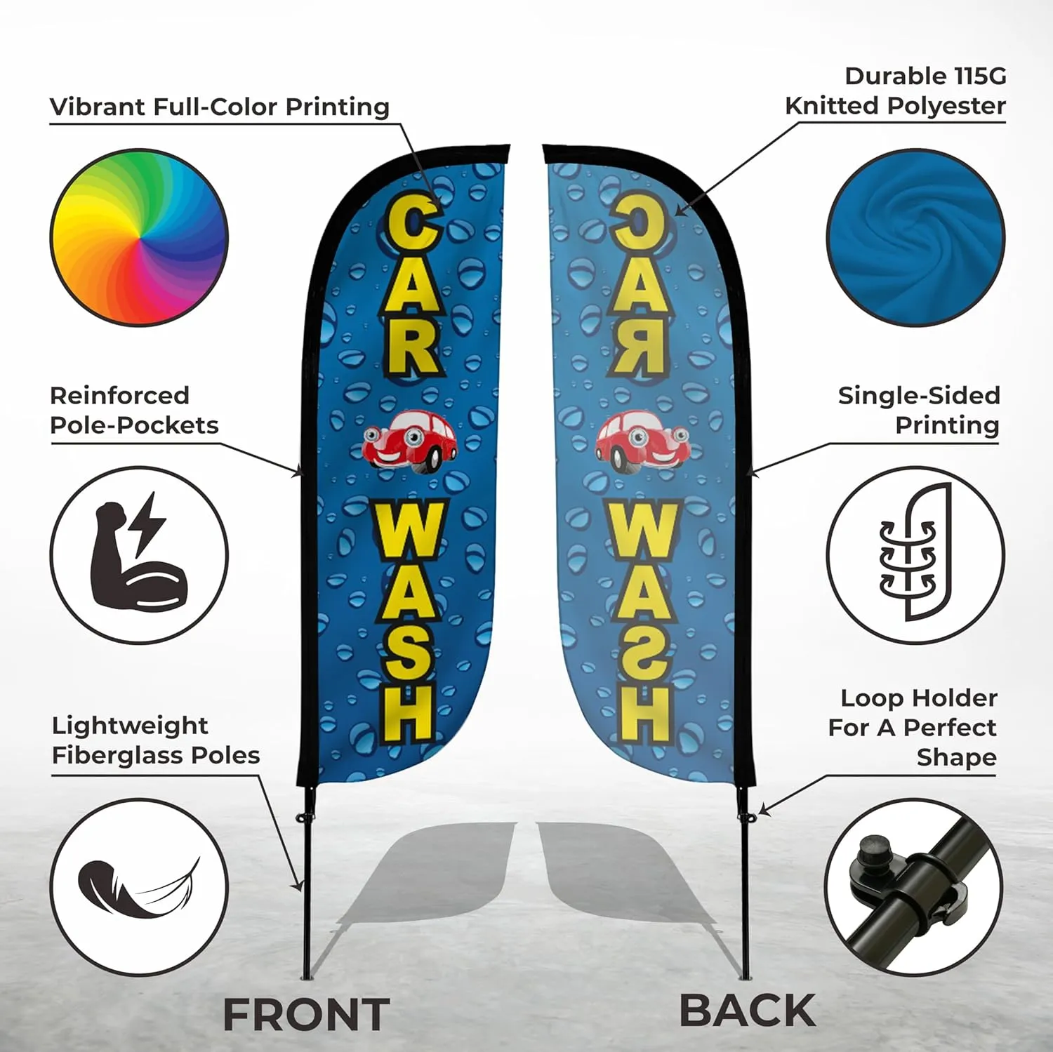 LookOurWay Feather Flag Pole Kit - 7 Feet Tall Advertising Flag Banner with Fiberglass Pole Set and Ground Spike for Business Promotion - Car Wash Flags - Car Wash Water Drips