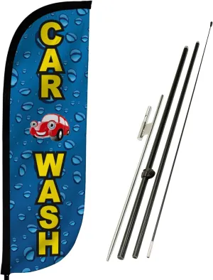 LookOurWay Feather Flag Pole Kit - 7 Feet Tall Advertising Flag Banner with Fiberglass Pole Set and Ground Spike for Business Promotion - Car Wash Flags - Car Wash Water Drips