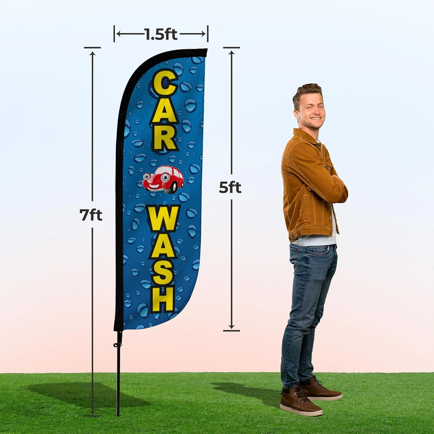 LookOurWay Feather Flag Pole Kit - 7 Feet Tall Advertising Flag Banner with Fiberglass Pole Set and Ground Spike for Business Promotion - Car Wash Flags - Car Wash Water Drips
