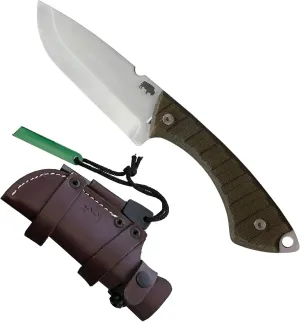 Lord & Field Frontiersman Fixed Blade Survival Knife 1095HC Steel 4.5" Satin Plain Blade - Modified Scandi Grind - Green Micarta Handle Leather Sheath & Ferro Rod