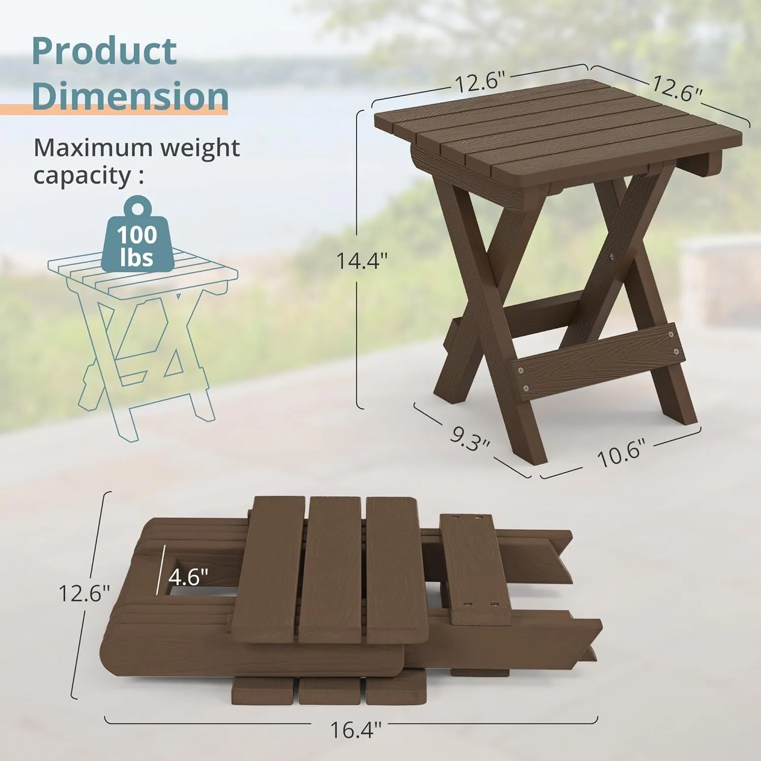 LUE BONA Small Outdoor Folding Side Table, HDPS Outside End Table for Patio, Porch, Deck, Pool, 14 Inch Height, Dark Brown