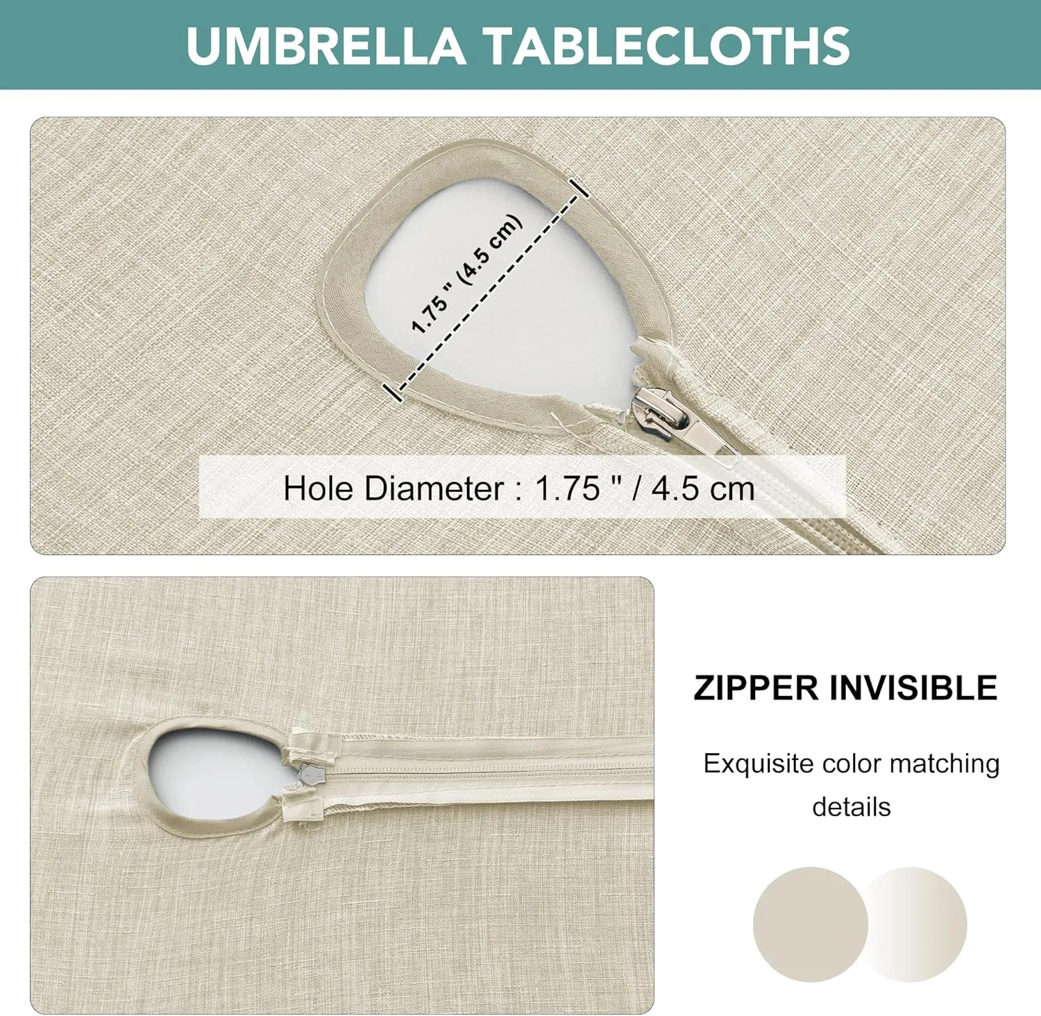 LUSHVIDA Outdoor Tablecloth with Umbrella Hole - Patio Table Cloth Zippered Round 60 Inch, Beige Faux Linen Table Cover Water Resistant for Picnic Outside