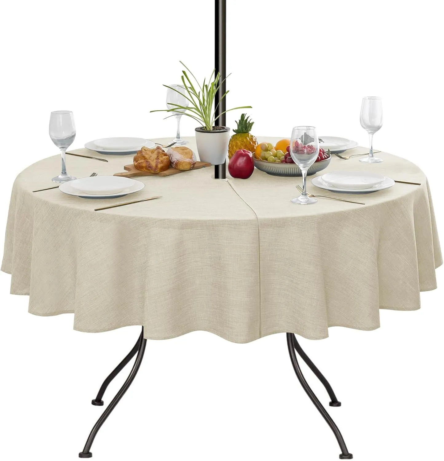 LUSHVIDA Outdoor Tablecloth with Umbrella Hole - Patio Table Cloth Zippered Round 60 Inch, Beige Faux Linen Table Cover Water Resistant for Picnic Outside