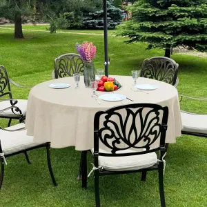 LUSHVIDA Outdoor Tablecloth with Umbrella Hole - Patio Table Cloth Zippered Round 60 Inch, Beige Faux Linen Table Cover Water Resistant for Picnic Outside