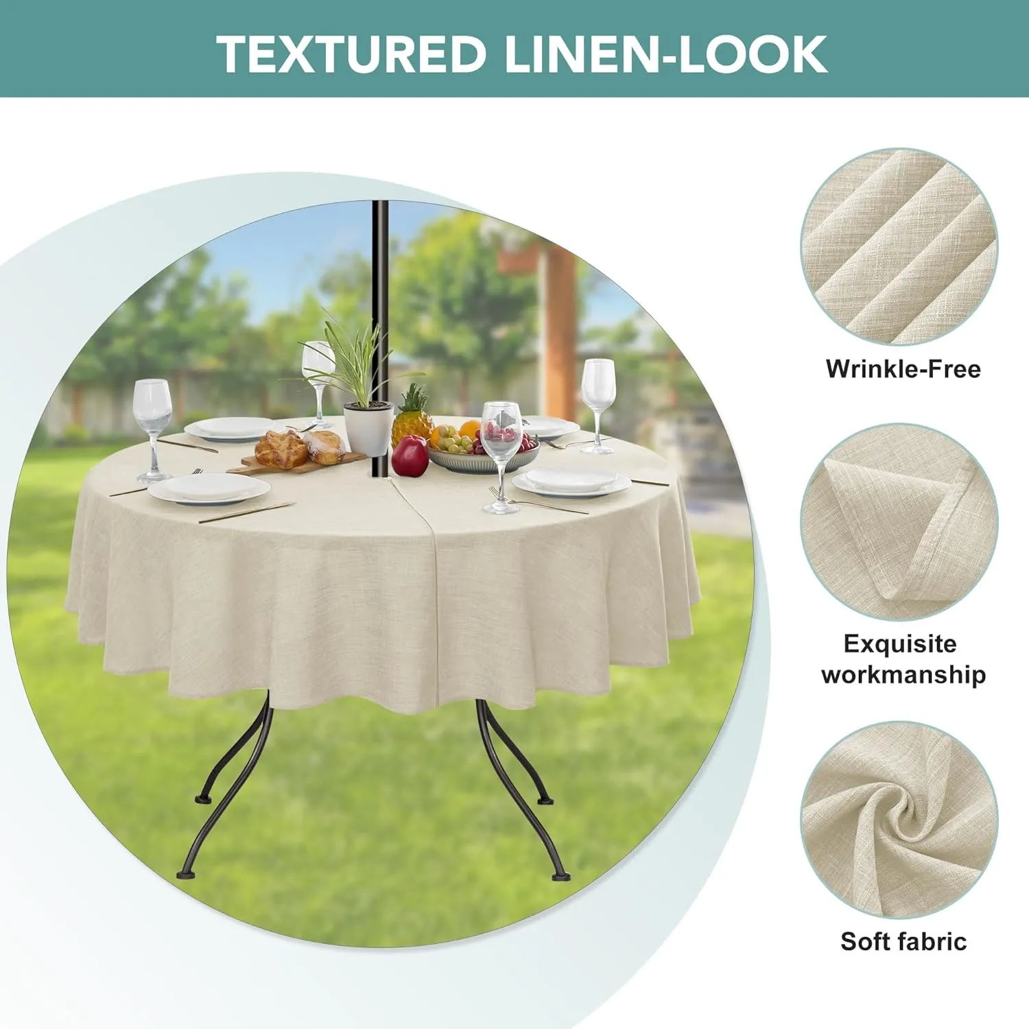 LUSHVIDA Outdoor Tablecloth with Umbrella Hole - Patio Table Cloth Zippered Round 60 Inch, Beige Faux Linen Table Cover Water Resistant for Picnic Outside