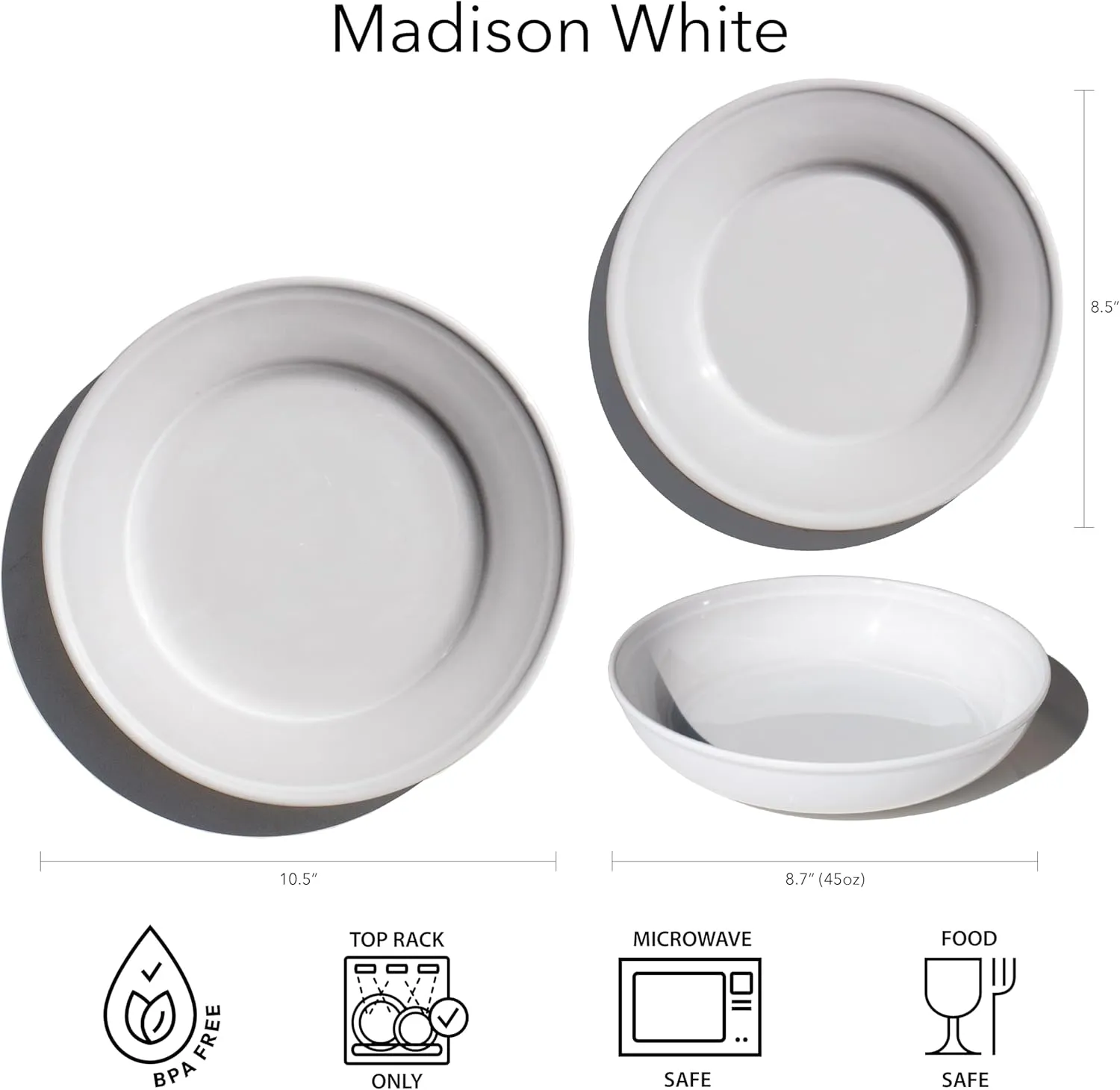 Madison newWave Microwave Safe Premium Melamine Dinner Plate, White, Set of 6, 10.5"