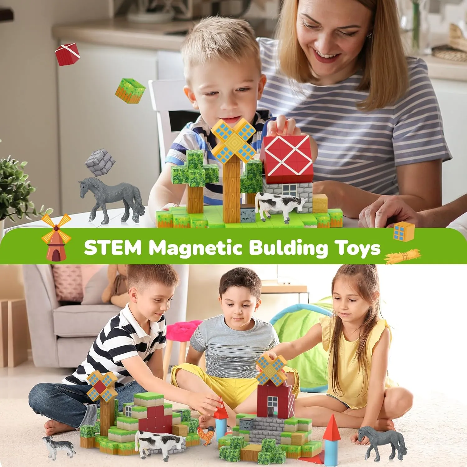 Magnetic Blocks 110PCS with 6 Animal Toys, Farm Building Blocks Set, Toys for Boys & Girls Age 4-6, 6-8, Stacking Building for Toddlers Sensory for Kids 3 