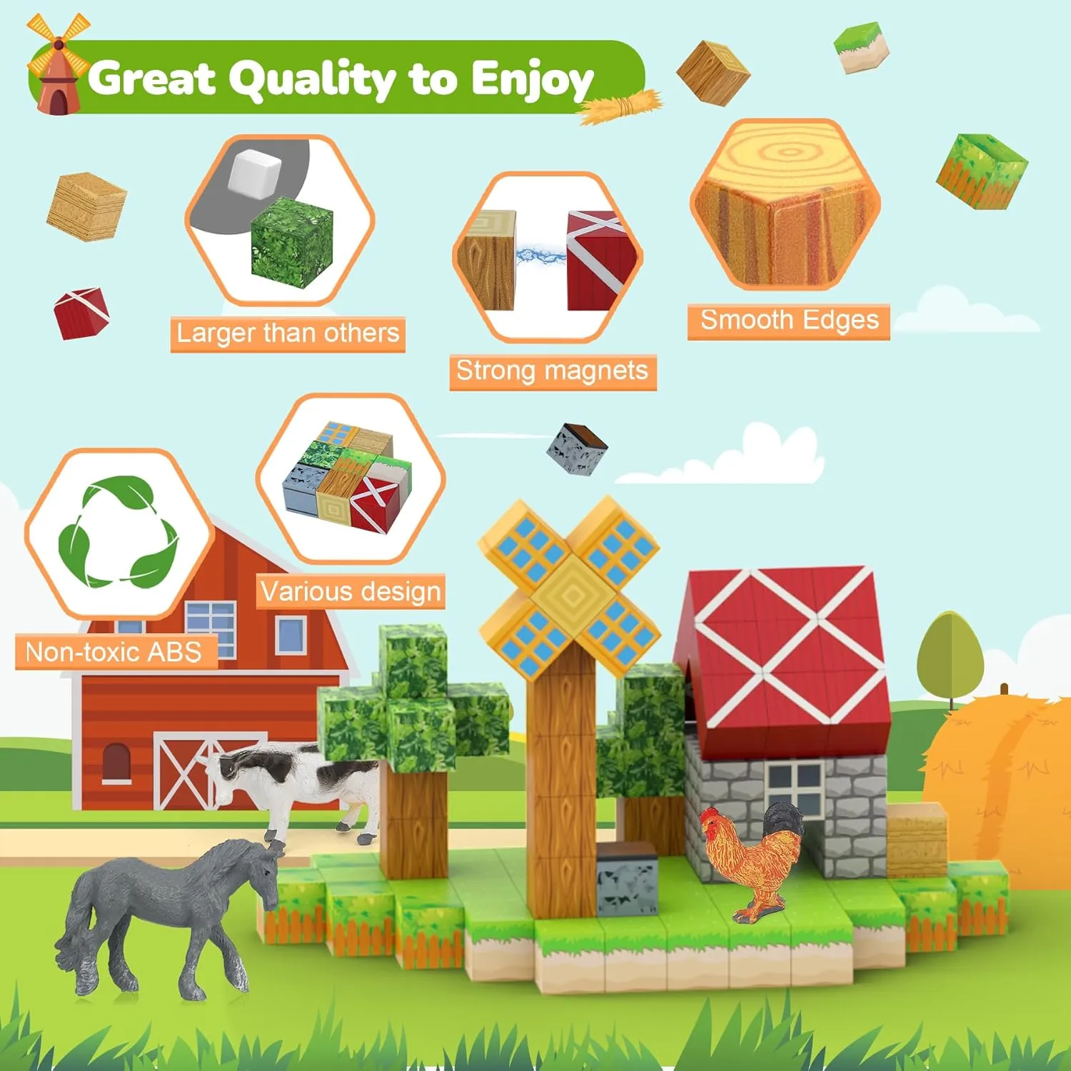 Magnetic Blocks 110PCS with 6 Animal Toys, Farm Building Blocks Set, Toys for Boys & Girls Age 4-6, 6-8, Stacking Building for Toddlers Sensory for Kids 3 