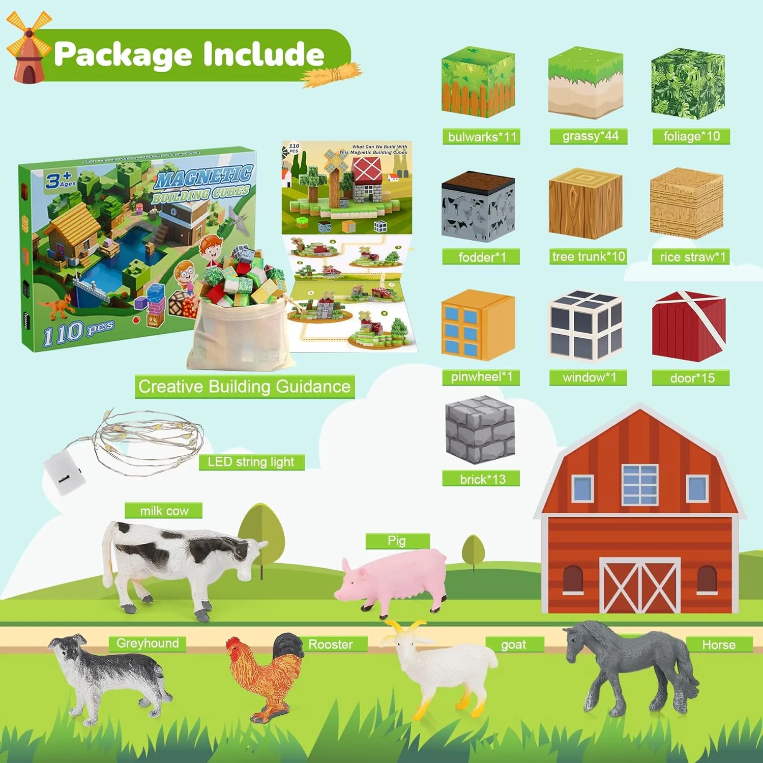 Magnetic Blocks 110PCS with 6 Animal Toys, Farm Building Blocks Set, Toys for Boys & Girls Age 4-6, 6-8, Stacking Building for Toddlers Sensory for Kids 3 