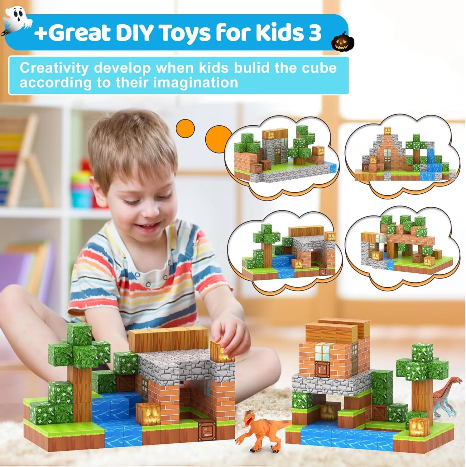 Magnetic Blocks 110PCS with 6 Animal Toys, Punpkin Building Blocks Set, Toys for Boys & Girls Age 6-8, Stacking Building Toys for Toddlers Sensory Toy for Kids 6 