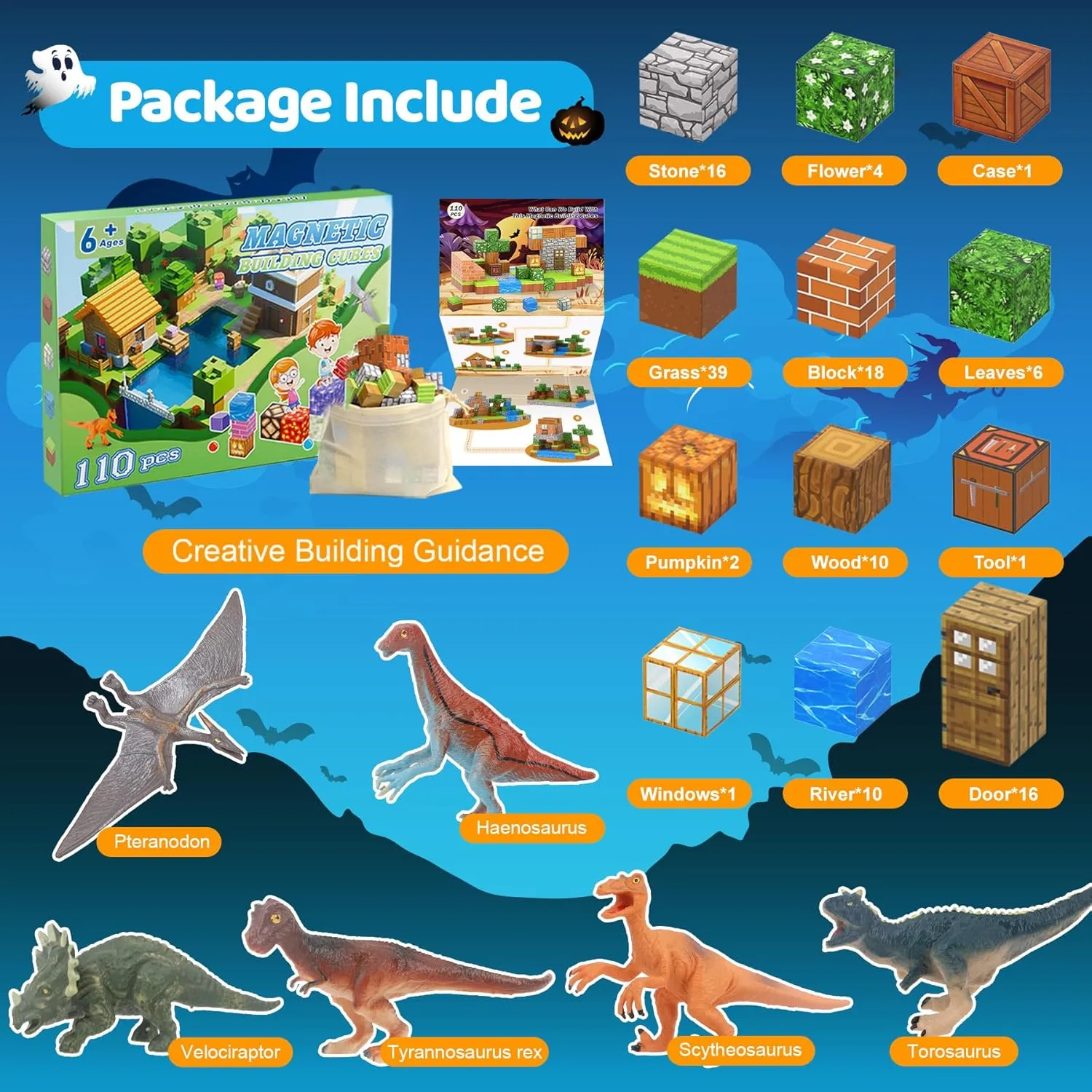 Magnetic Blocks 110PCS with 6 Animal Toys, Punpkin Building Blocks Set, Toys for Boys & Girls Age 6-8, Stacking Building Toys for Toddlers Sensory Toy for Kids 6 