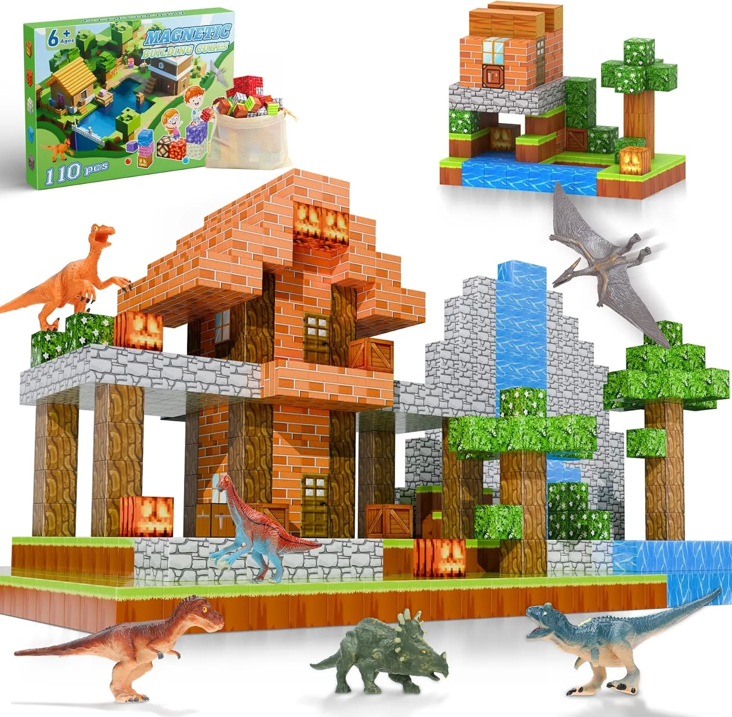 Magnetic Blocks 110PCS with 6 Animal Toys, Punpkin Building Blocks Set, Toys for Boys & Girls Age 6-8, Stacking Building Toys for Toddlers Sensory Toy for Kids 6 
