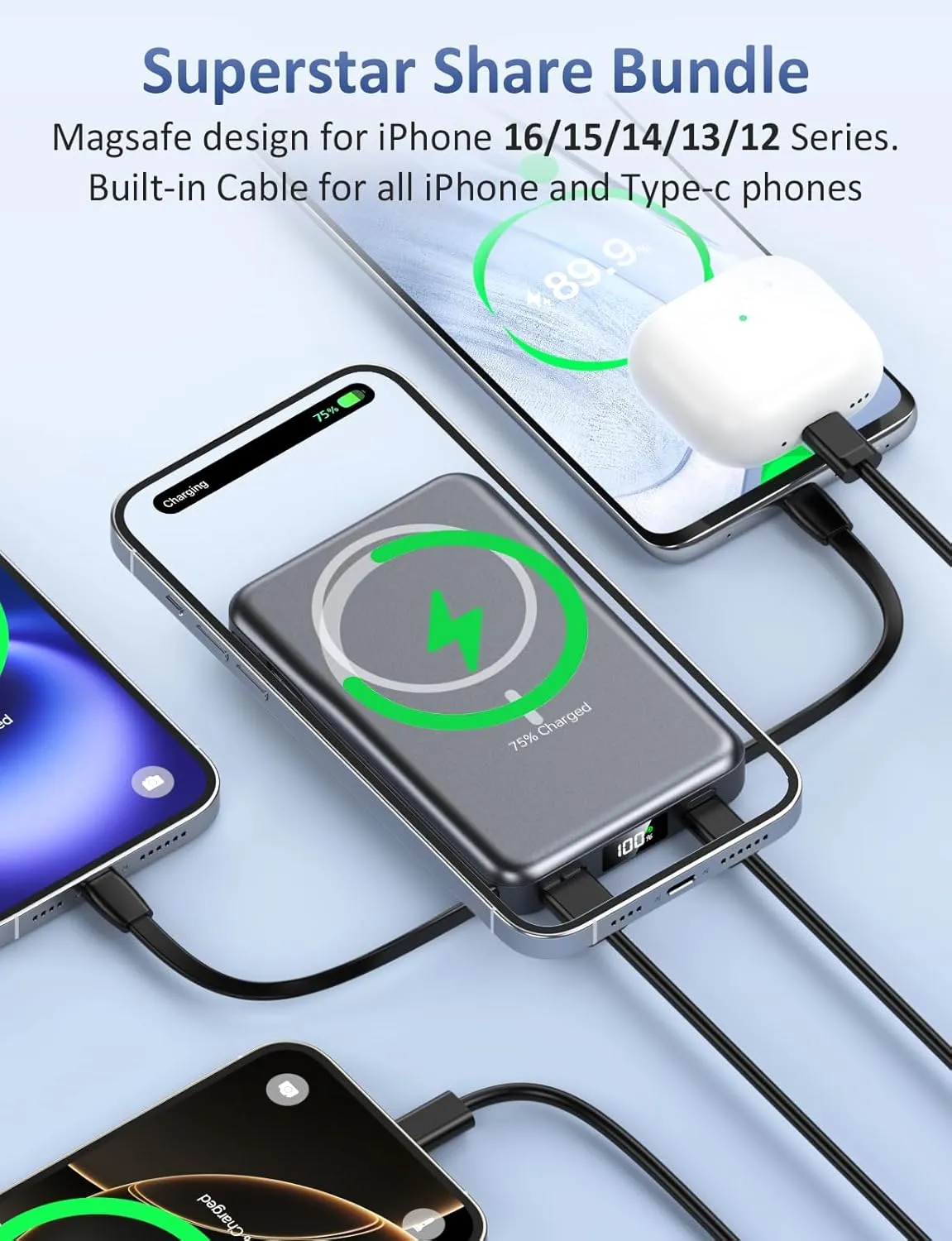 Magnetic Portable Charger, 5 in 1 Power Bank, 10000mAh Portable Charger with Built in Cable, USB-C Fast Charging for Magsafe Battery Pack Compatible with iPhone 16/15/14/13 Pro/Pro Max, Samsung Series