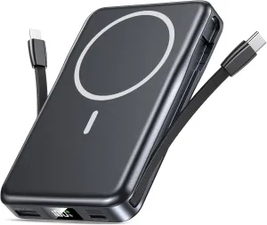 Magnetic Portable Charger, 5 in 1 Power Bank, 10000mAh Portable Charger with Built in Cable, USB-C Fast Charging for Magsafe Battery Pack Compatible with iPhone 16/15/14/13 Pro/Pro Max, Samsung Series