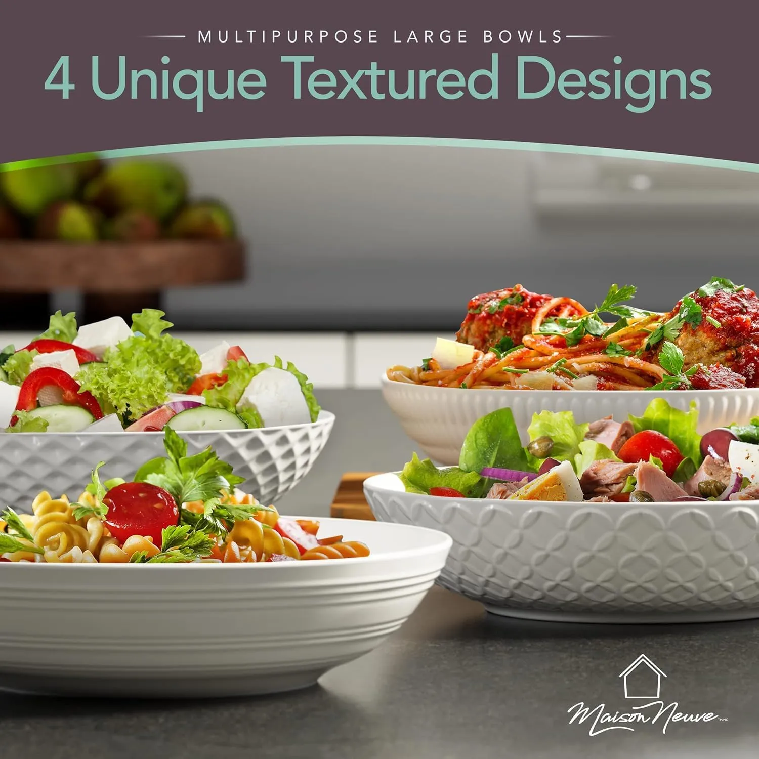 Maison Neuve Set of 4 White 34oz Porcelain Dinner Bowls - Dishwasher - Safe Textured 8.5" Bowls For Soup, Pasta, Cereal