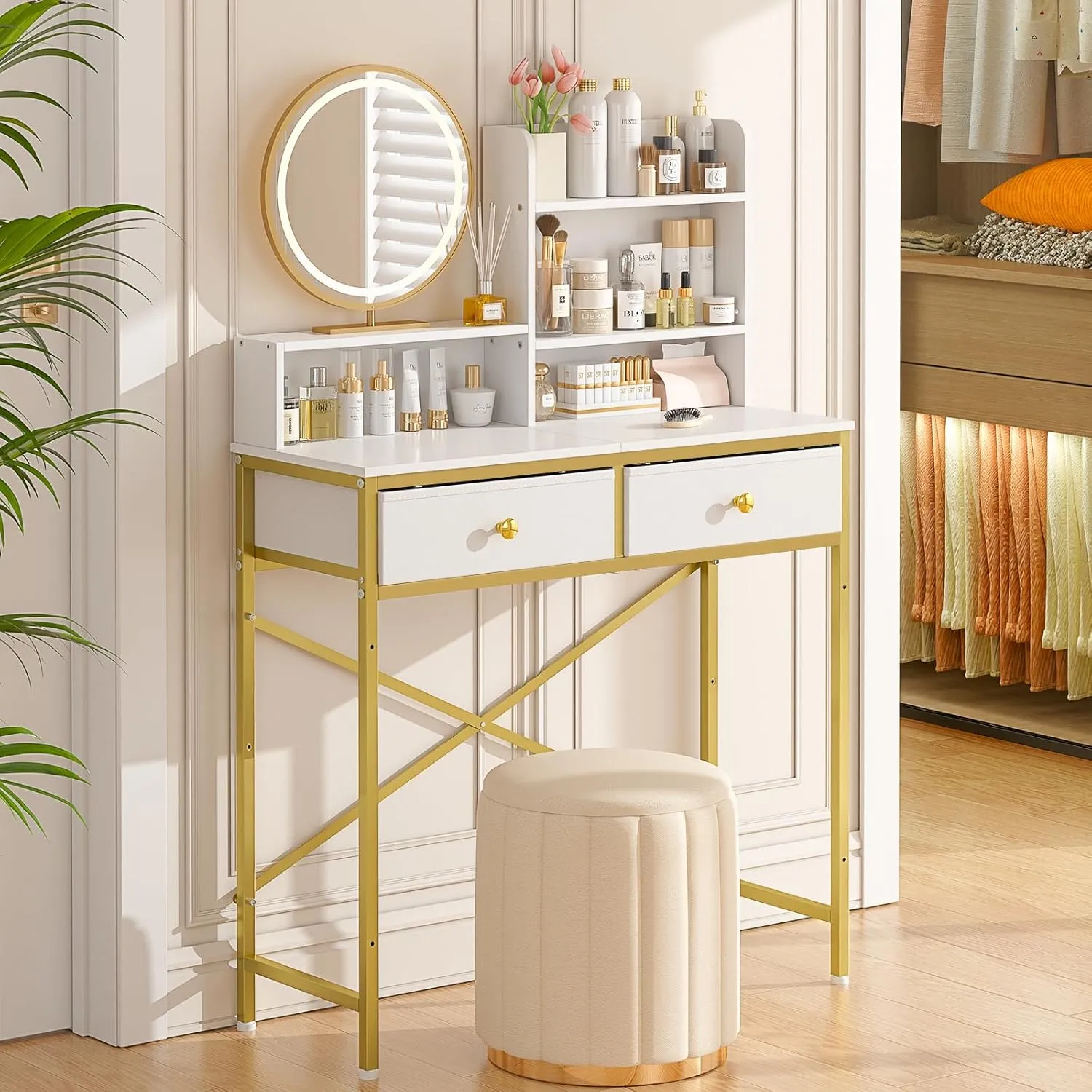 Makeup Vanity Desk No Mirror for Bedroom, Vanity Table Set with 2 Drawer and Open Storage Shelves, Small Vanity for Small Spaces, White and Gold, 31.5in(L)