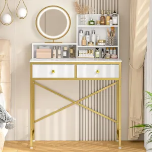Makeup Vanity Desk No Mirror for Bedroom, Vanity Table Set with 2 Drawer and Open Storage Shelves, Small Vanity for Small Spaces, White and Gold, 31.5in(L)