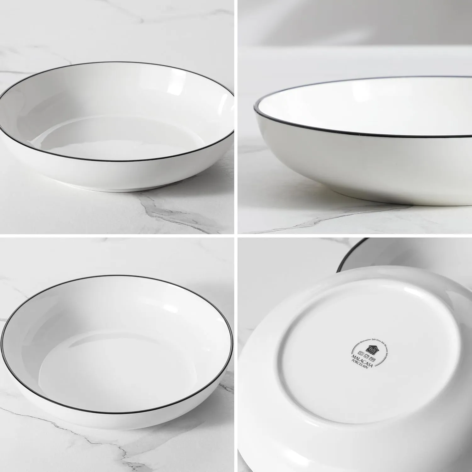 MALACASA 10" Large Pasta Bowls, 56 OZ White Salad Bowls Soup Bowls, Porcelain Serving Bowls Set of 4, Ivory White & Black Rim, Microwave & Dishwasher Safe, Series REGULAR