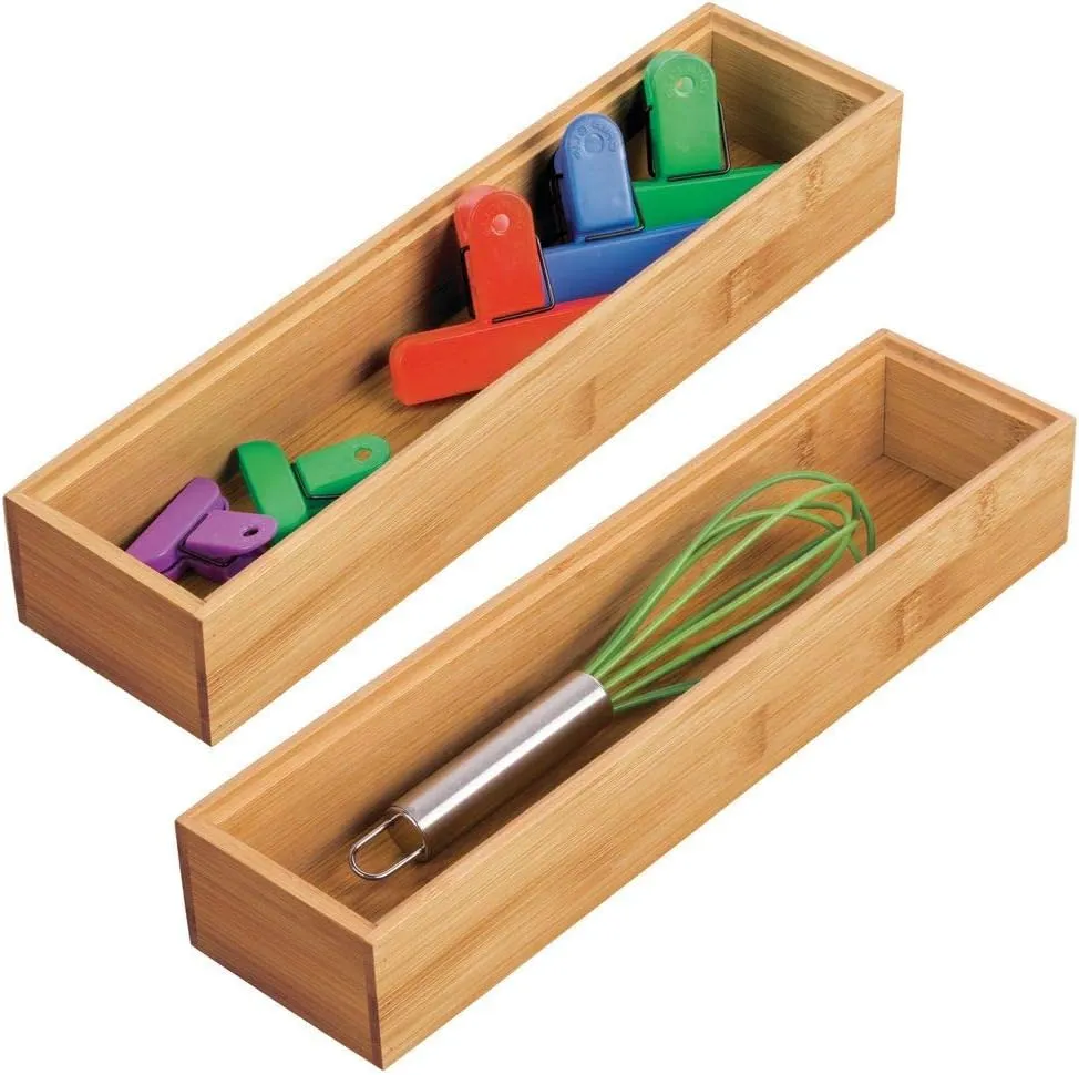 mDesign Slim Wooden Bamboo Drawer Organizer - 12" Long Stackable Storage Box Tray for Kitchen Drawers/Cabinet - Utensil, Silverware, Spatula, Flatware Holder - Echo Collection, 2 Pack, Natural Wood