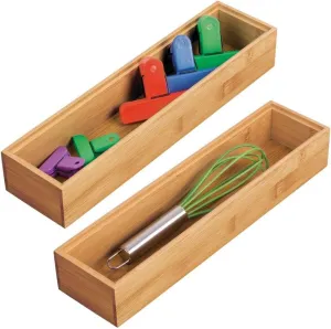 mDesign Slim Wooden Bamboo Drawer Organizer - 12" Long Stackable Storage Box Tray for Kitchen Drawers/Cabinet - Utensil, Silverware, Spatula, Flatware Holder - Echo Collection, 2 Pack, Natural Wood
