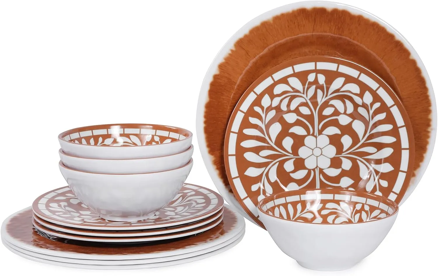Melamine Plates and Bowls Set, 12-Piece Melamine Dinnerware Set, Dinner Serving Dishes Set for 4, Unbreakable, Brown-Yellow