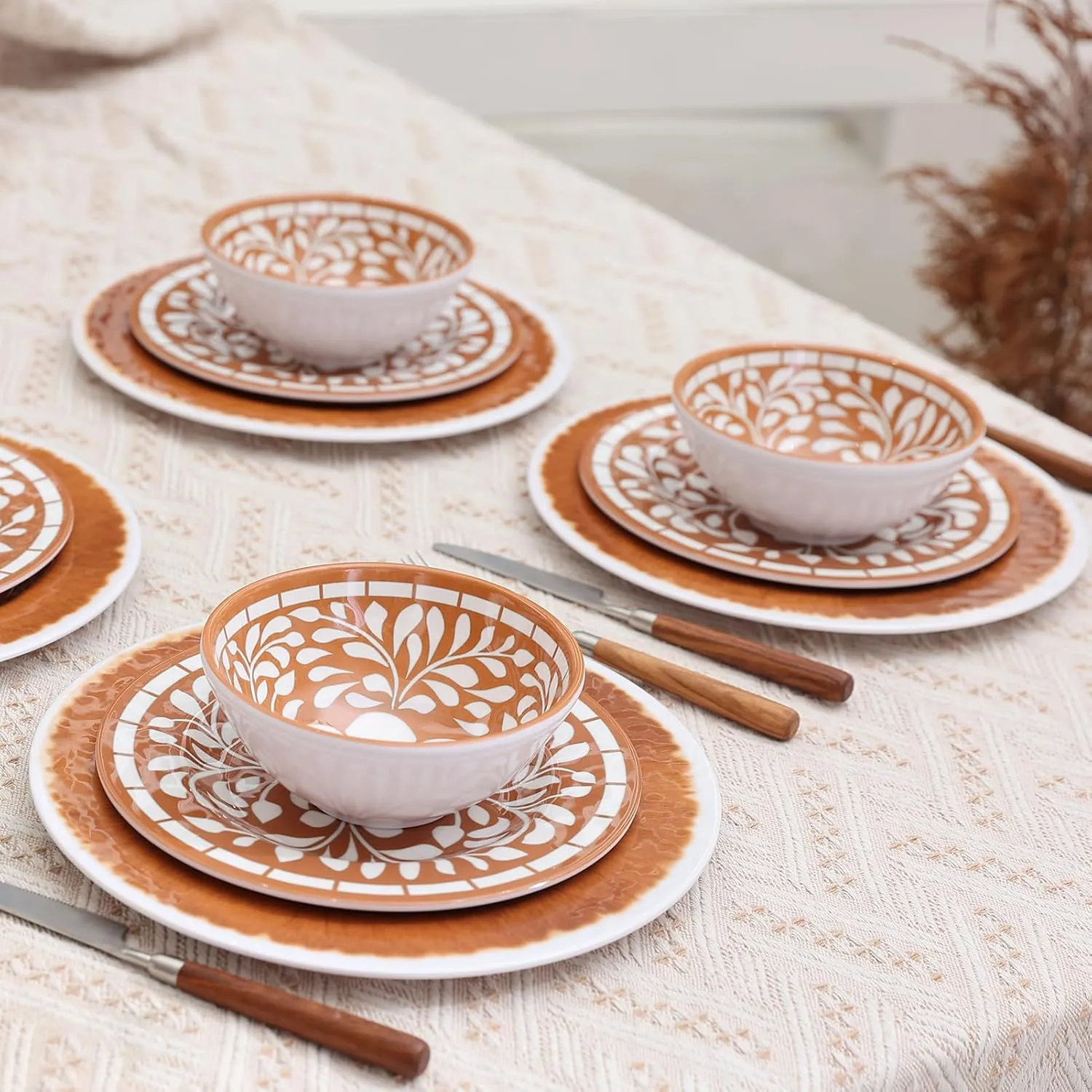 Melamine Plates and Bowls Set, 12-Piece Melamine Dinnerware Set, Dinner Serving Dishes Set for 4, Unbreakable, Brown-Yellow