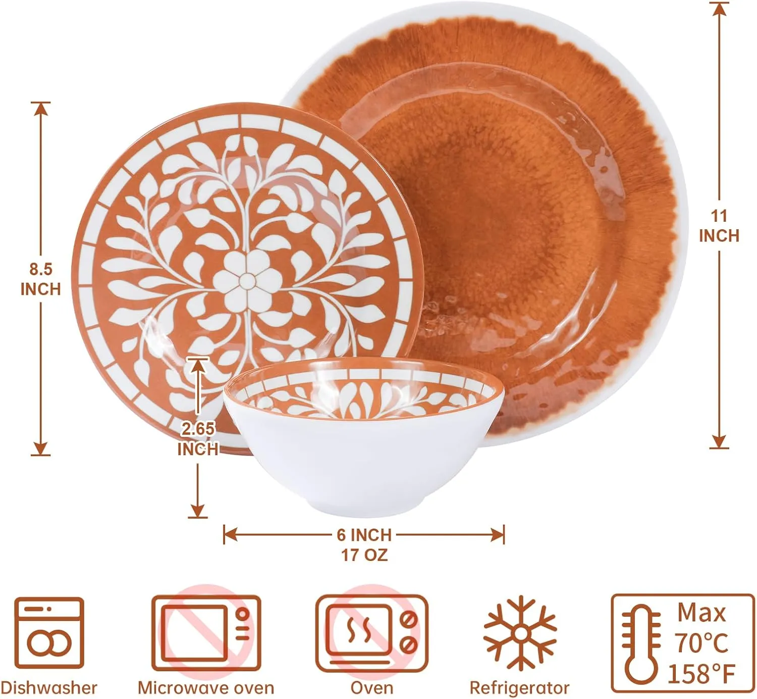 Melamine Plates and Bowls Set, 12-Piece Melamine Dinnerware Set, Dinner Serving Dishes Set for 4, Unbreakable, Brown-Yellow