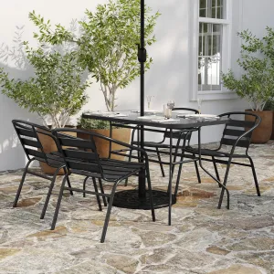 Merrick Lane Laney 5 Piece Outdoor Dining Set with 47" Tempered Glass Patio Table, 4 Black Stackable Metal Slat Chairs