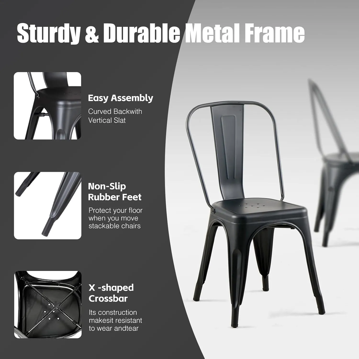 Metal Dining Chairs Set of 4 Industrial Stackable Kitchen Cafe Bistro Indoor-Outdoor Use Midnight Black