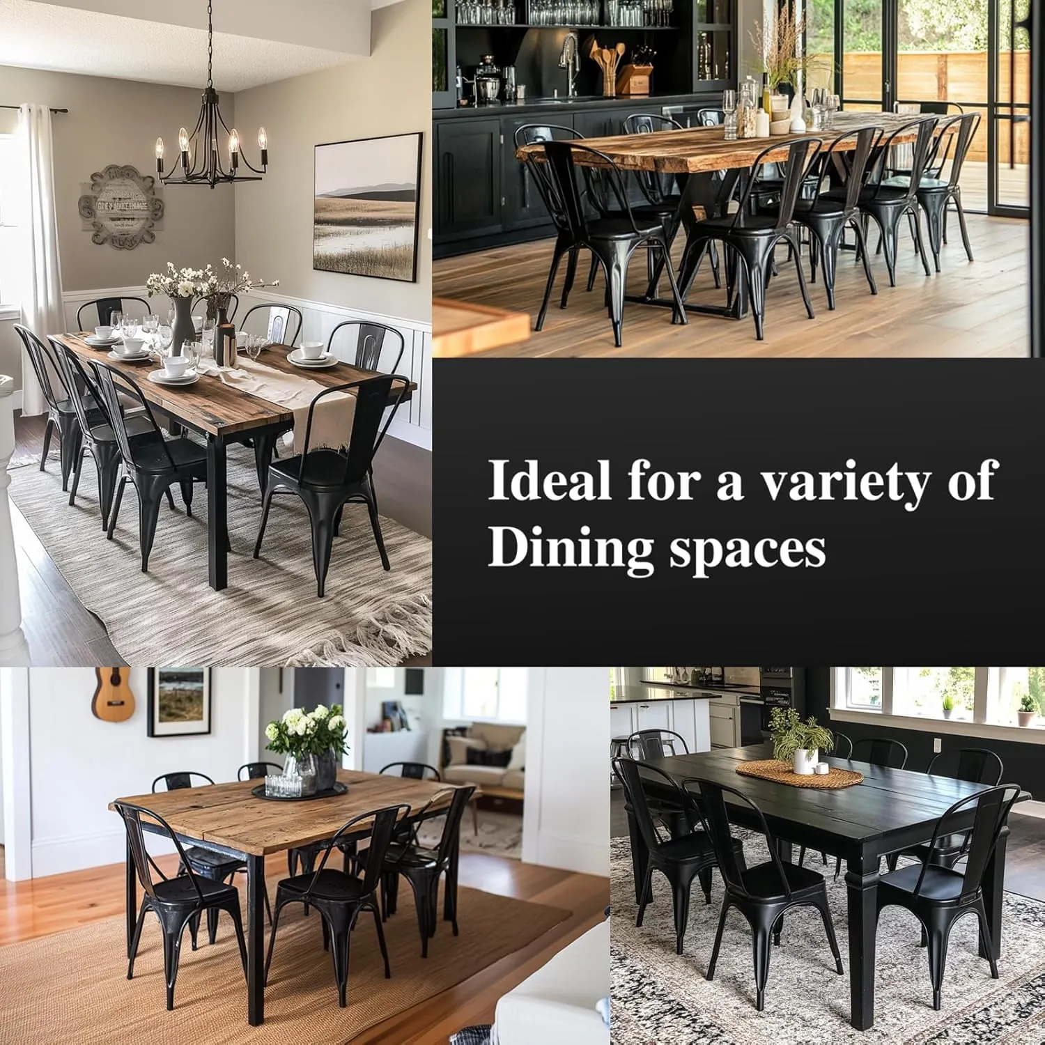 Metal Dining Chairs Set of 4 Industrial Stackable Kitchen Cafe Bistro Indoor-Outdoor Use Midnight Black