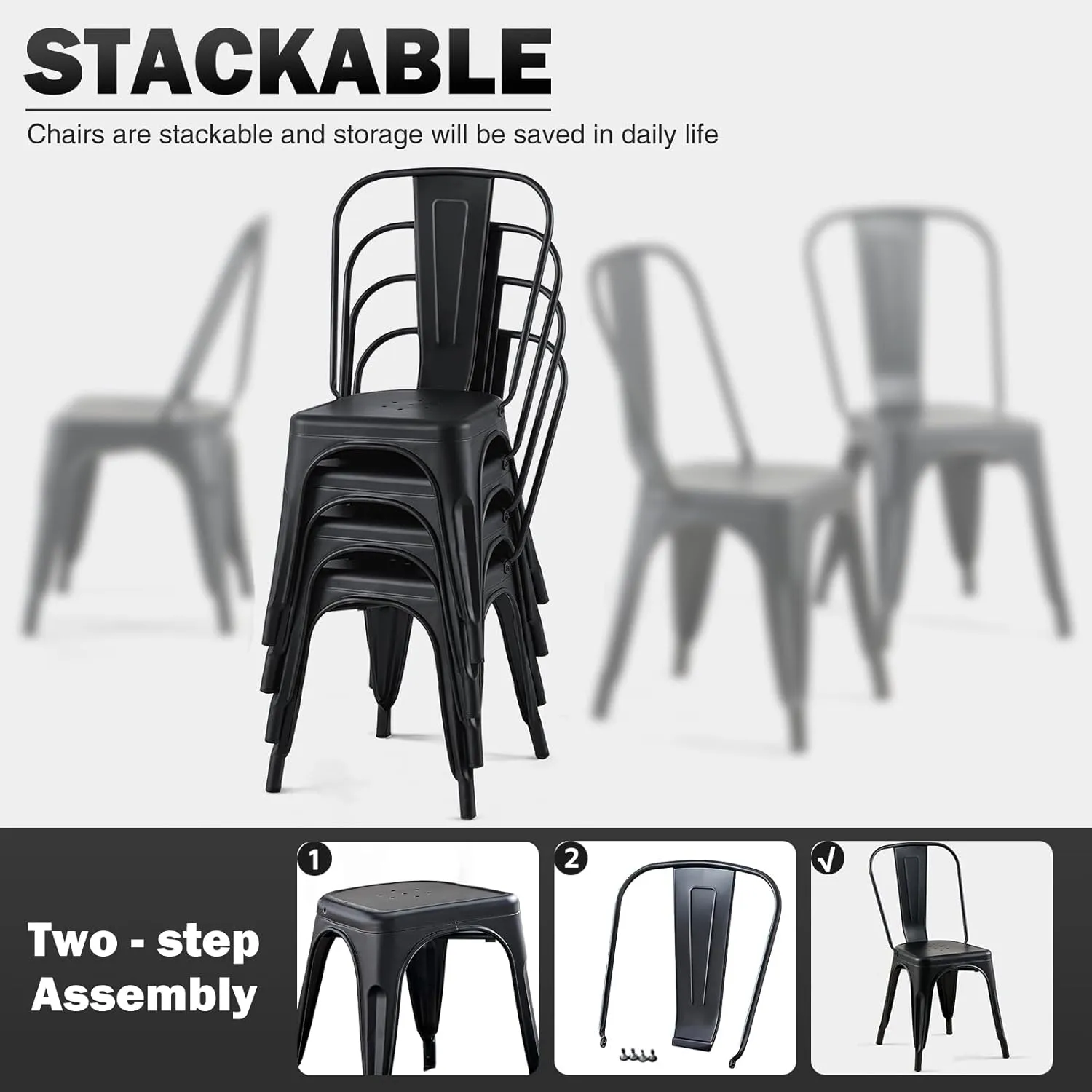 Metal Dining Chairs Set of 4 Industrial Stackable Kitchen Cafe Bistro Indoor-Outdoor Use Midnight Black