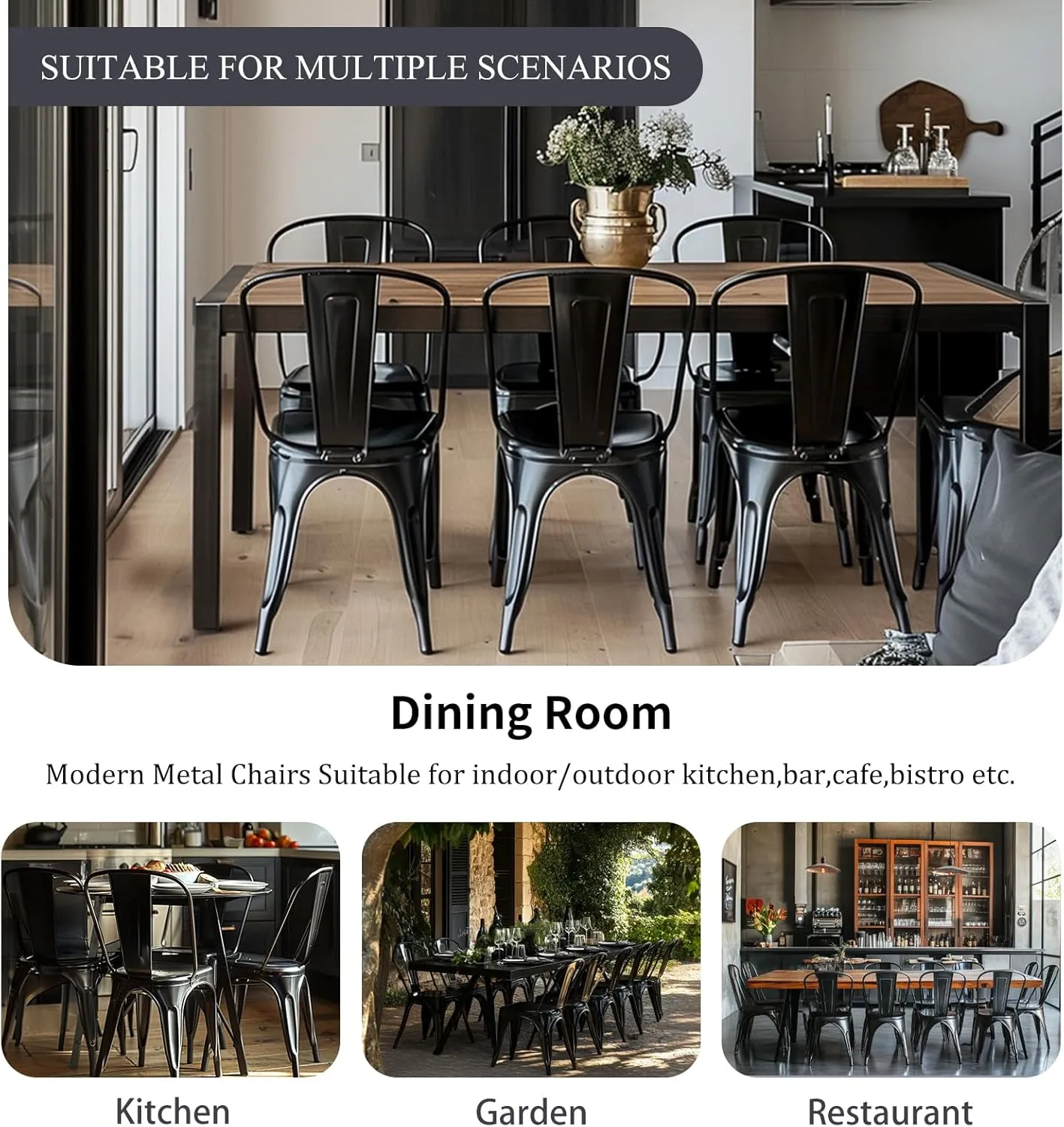 Metal Dining Chairs Set of 4 Industrial Stackable Kitchen Cafe Bistro Indoor-Outdoor Use Midnight Black