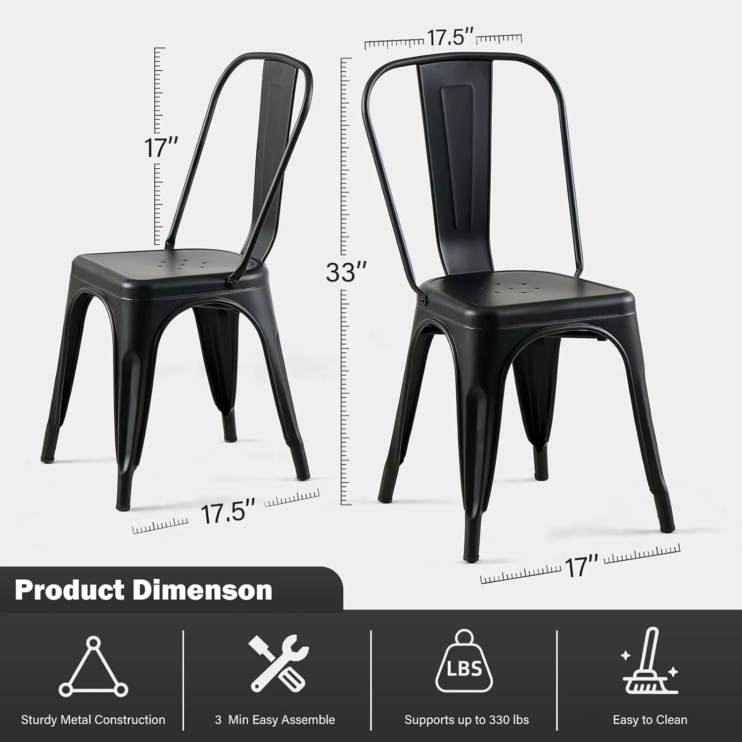 Metal Dining Chairs Set of 4 Industrial Stackable Kitchen Cafe Bistro Indoor-Outdoor Use Midnight Black