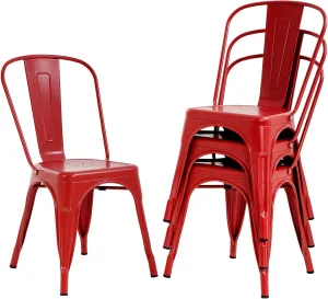Metal Dining Chairs Set of 4, Industrial Vintage Stackable Patio Chairs, 18 inch Kitchen Chairs with Back for Indoor, Outdoor, Kitchen, Dining Room, Bistro and Cafe, Red