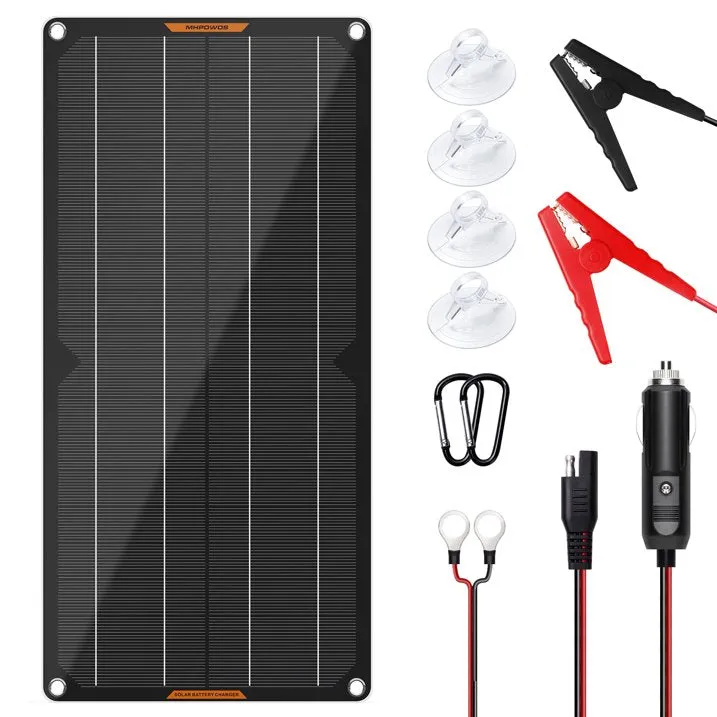 MHPOWOS Solar Battery Charger 10W 12V Solar Panel Car Battery Maintainer Portable Waterproof Power Solar Trickle Charger for Car Boat Automotive RV