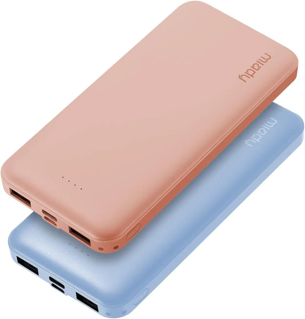 Miady 2-Pack 10000mAh Dual USB Portable Charger, USB-C Fast Charging Power Bank, Slim Backup Charger Battery Pack Compatible with iPhone 16/15/14/13 Galaxy S24/22 iPad Android etc (Blue Pink)