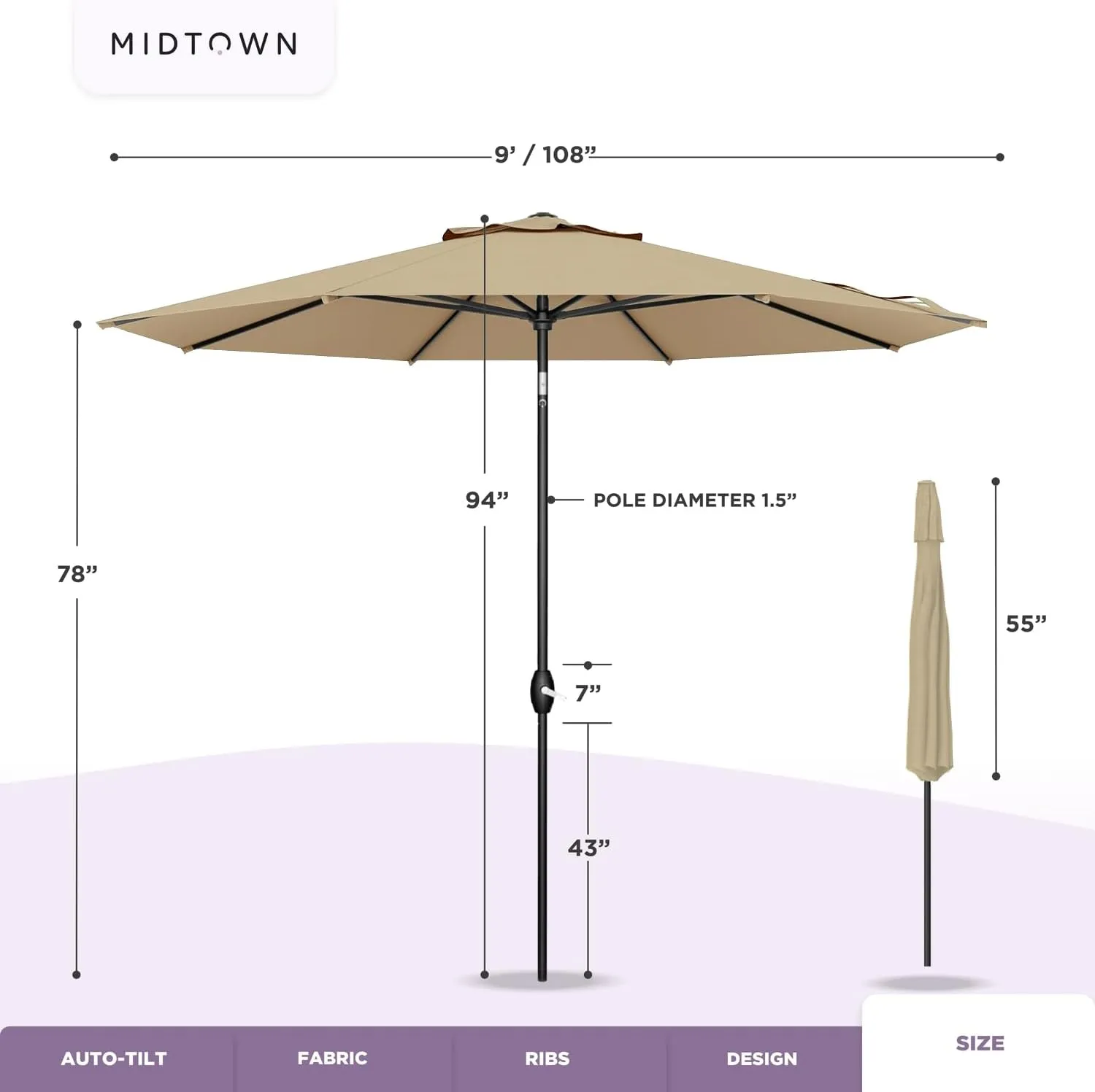 Midtown Umbrellas Sunbrella Umbrella 9 Feet Outdoor Umbrella With Heather Tan Acrylic Fabric - Auto-Tilt Aluminum Frame Patio Umbrella For Backyard, Deck, Garden, Pool - Black Pole