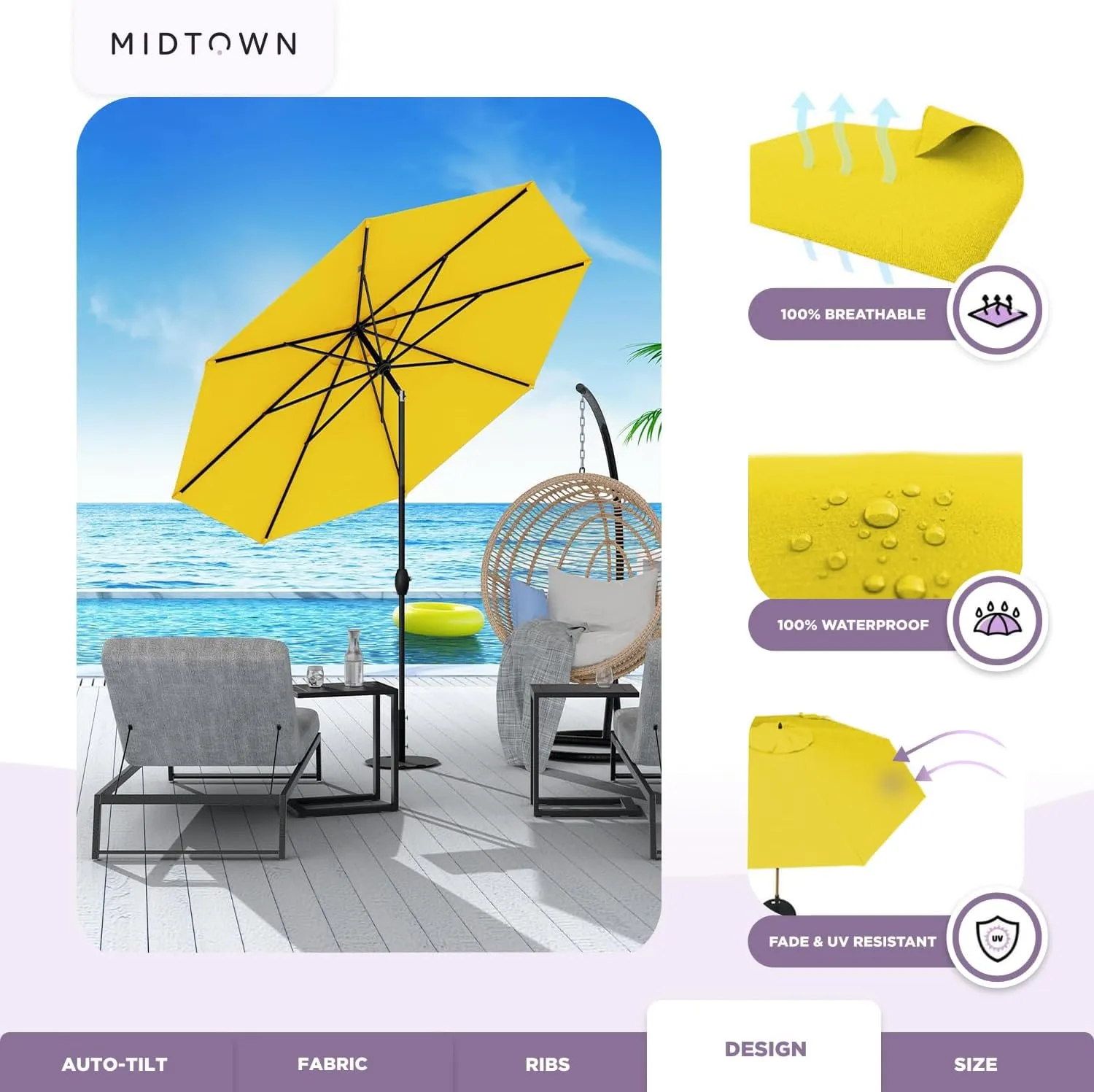 Midtown Umbrellas The Lean Outdoor Umbrella With Terylast Polyester Fabric - 8 Ribs Aluminum Frame Patio Umbrella With Zinc Alloy Crank Lift And Auto-Tilt System
