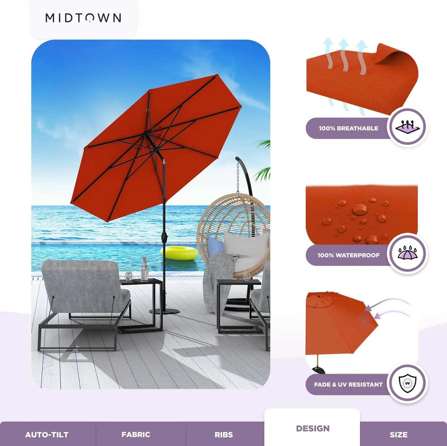 Midtown Umbrellas The Lean Outdoor Umbrella With Terylast Polyester Fabric - 8 Ribs Aluminum Frame Patio Umbrella With Zinc Alloy Crank Lift And Auto-Tilt System