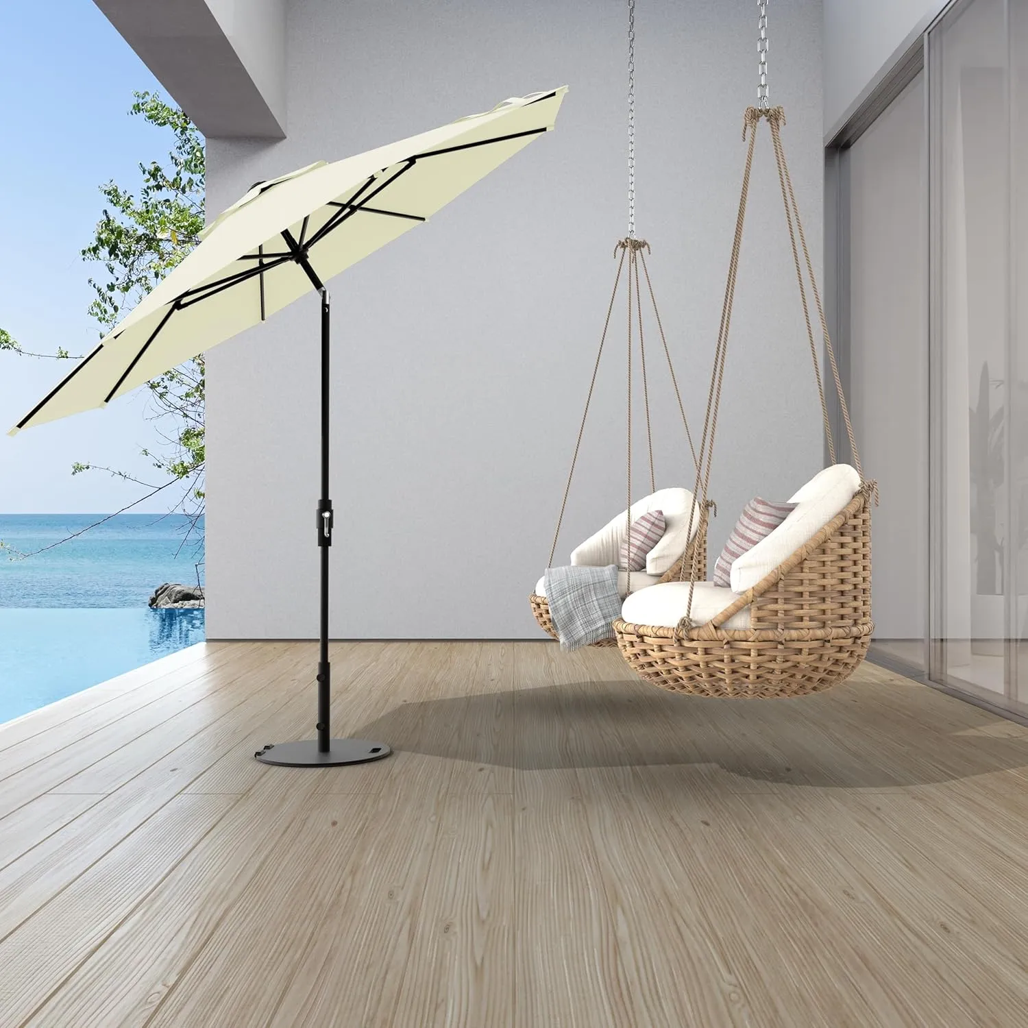 Midtown Umbrellas The Swilt 9 Feet Patio Umbrella in Sunbrella Canvas Natural Acrylic Fabric - Fiberglass Ribs, Auto-Tilt Aluminum Frame For Backyard, Deck, Garden, Pool - Black Pole