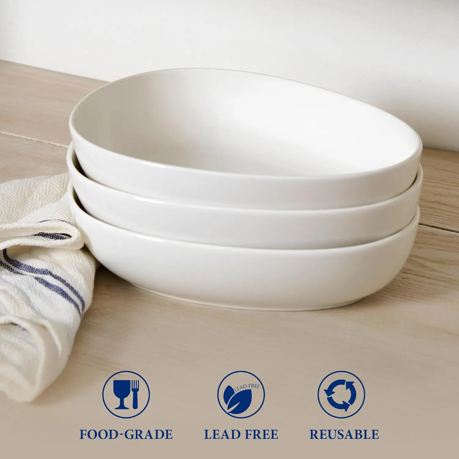 Minh Long 32oz 8in Pasta Bowls Set of 4, Large Serving Porcelain Bowls for Soup, Salad, Spaghetti, Microwave & Dishwasher Safe - Ideal for Father's Day