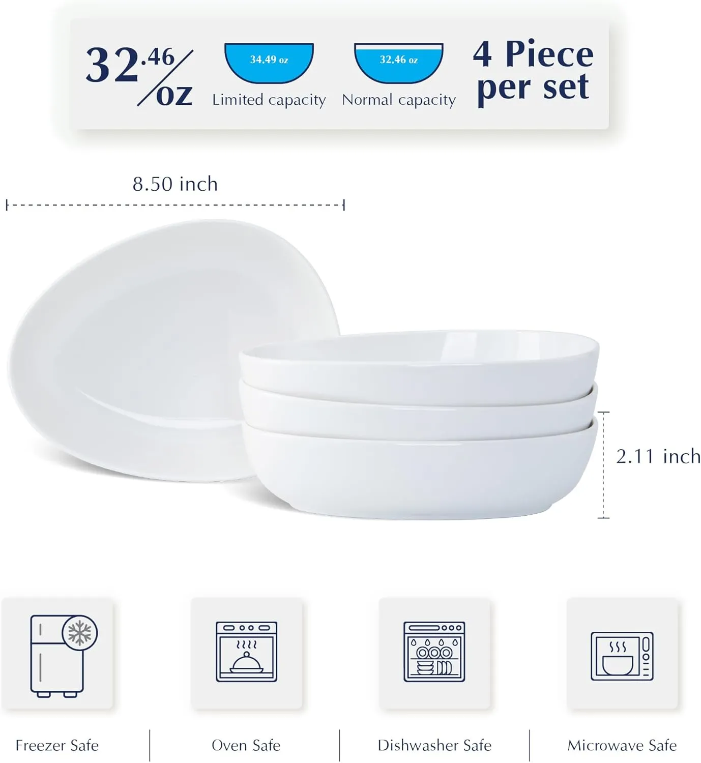 Minh Long 32oz 8in Pasta Bowls Set of 4, Large Serving Porcelain Bowls for Soup, Salad, Spaghetti, Microwave & Dishwasher Safe - Ideal for Father's Day