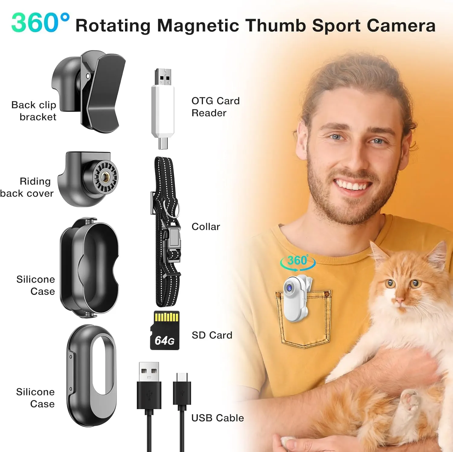 Mini Body Camera,1080P 64G Wearable Action Body Cam,Thumb Size Hands Free One-Click Filming Body Worn Camera with 360°Rotatable Clip for Work, Travel, Pet Walking