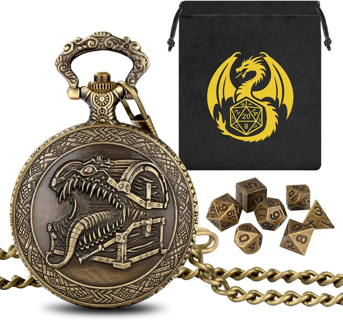 Mini DND Dice Set, with Steampunk Tongue Treasure Chest Pocket Watch Shell Case, 7-Piece Polyhedral Metal D&D Dice, DND Gift Bag with Dragon Logo, RPG, Role Play Board Game Accessories, Bronze