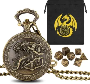 Mini DND Dice Set, with Steampunk Tongue Treasure Chest Pocket Watch Shell Case, 7-Piece Polyhedral Metal D&D Dice, DND Gift Bag with Dragon Logo, RPG, Role Play Board Game Accessories, Bronze