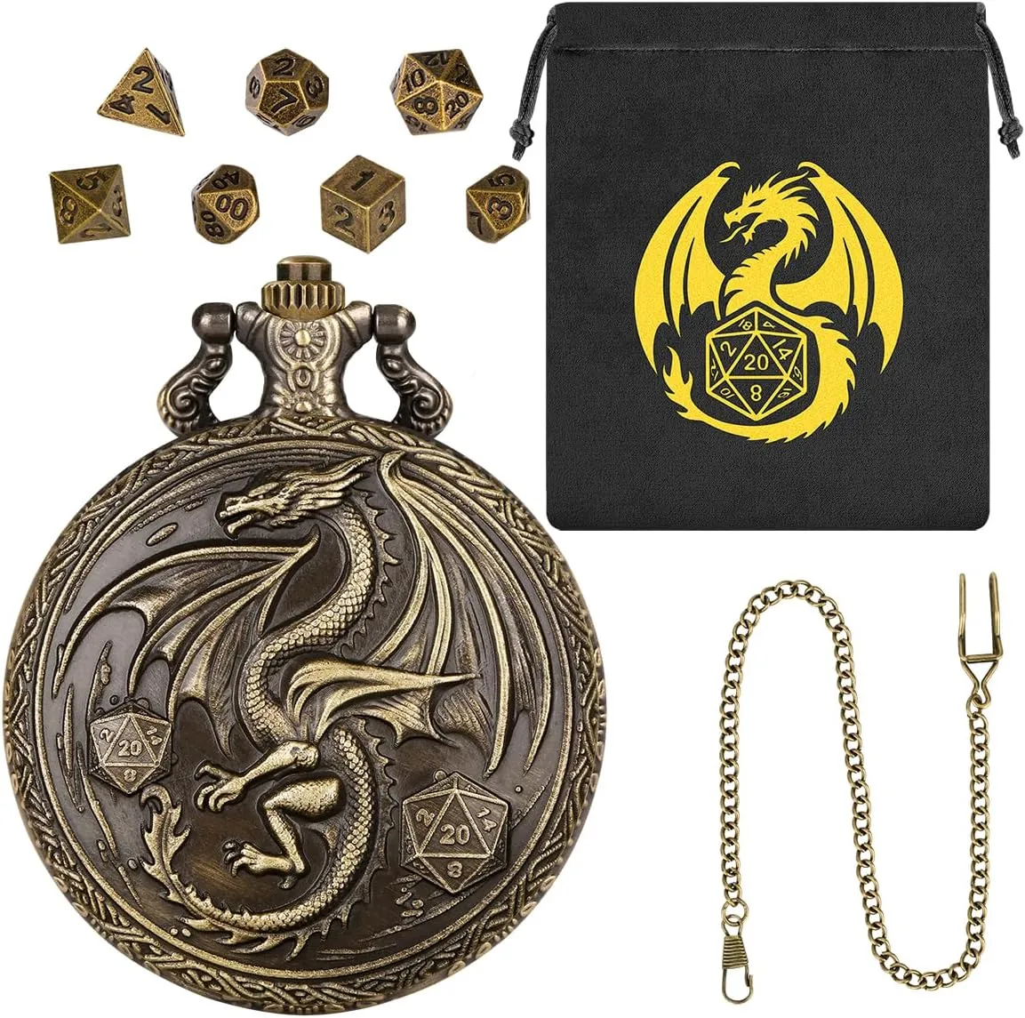 Mini DND Dice Set, with Steampunk Winged Dragon Pocket Watch Shell Case, 7-Piece Polyhedral Metal D&D Dice, DND Gift Bag with Dragon Logo, MTG, Role Play Board Game Accessories, Bronze